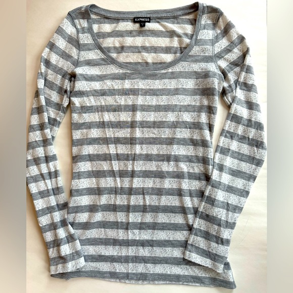 Express Striped Long Sleeve Top EUC Gray Cream Silver Lace Rayon Cotton … - Picture 1 of 7